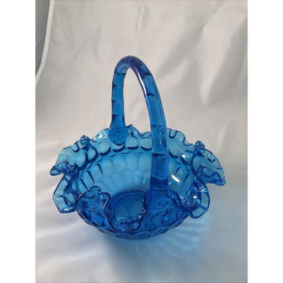 VTG FENTON Colonial Blue Thumbprint DBL Ruffle Basket Candy Dish 8"x7" - Picture 2 of 8